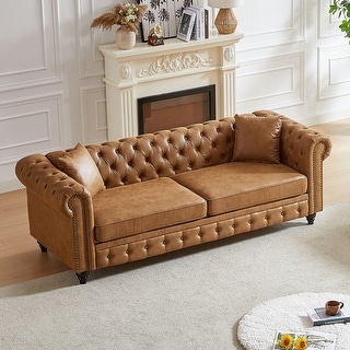 Oaks Aura 85.5in. Modern Fabric Chesterfield Sofa with Rolled Arms, 3 Seater Sofa with Button Design and 2 Cushions