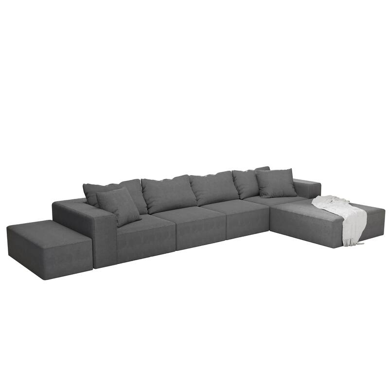 Floor Upholstered Sectional Sofa Modular L Shaped Couch Set with 6 Pillows and Ottomans, Living Room Sleeper Sofa Bed