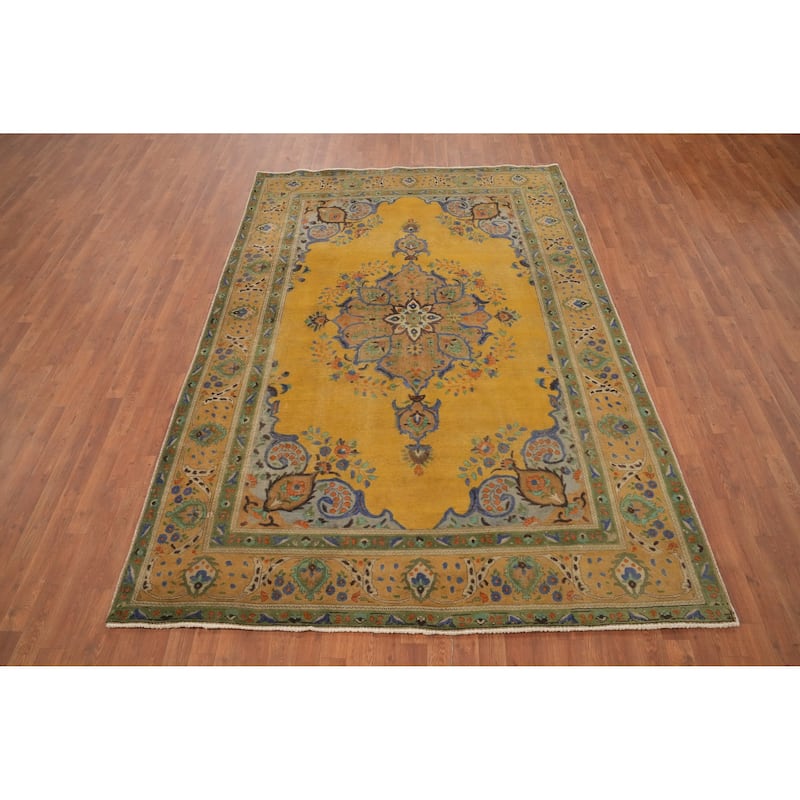 Hand Knotted Oriental 100% Wool Carpet Traditional Medallion Oranges & Rust Tabriz Area Rug - 9' 6'' X 6' 7''