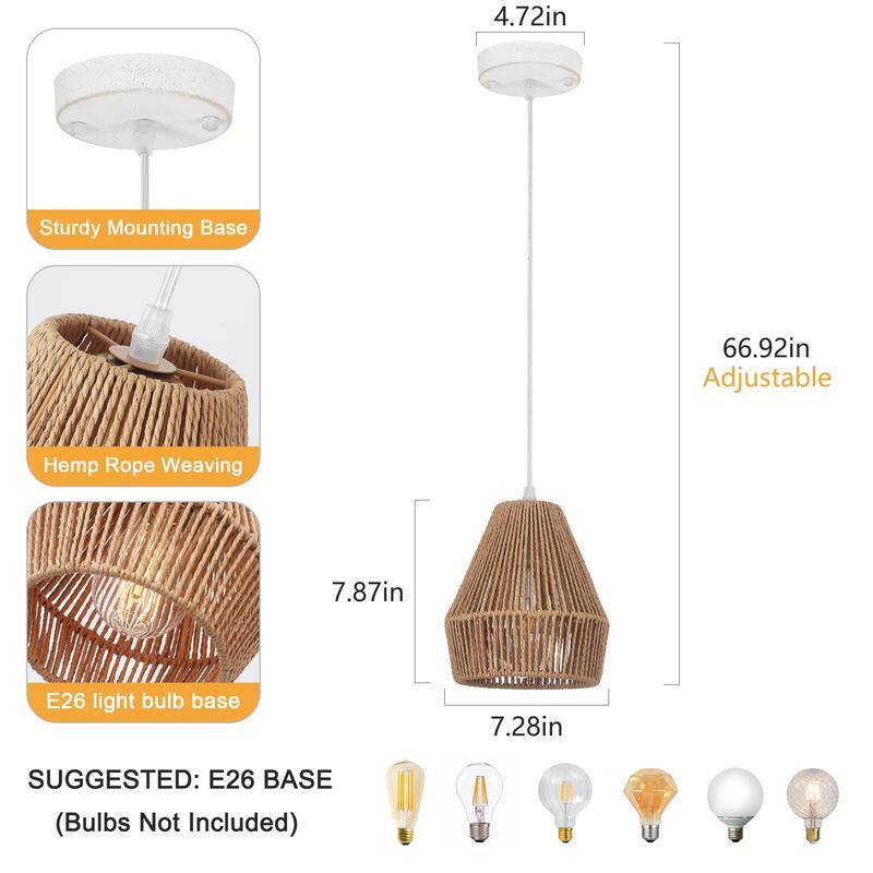 (Set of 3)1-Light Paper Rope Shaded Pendant Lights for Kitchen ，Set of Lghting Fixtures, Farmhouse Semi Flush Mount Chandelier