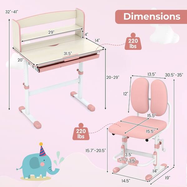 dimension image slide 0 of 2, Kids Desk and Chair Set with Adjustable Height and Tilted Desktop - 31.5" x 20"x 41" (L x W x H)