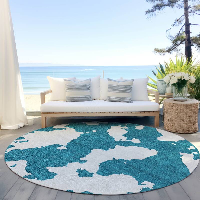 Machine Washable Indoor/ Outdoor Contemporary Abstract Chantille Rug - Teal - 8' x 8'