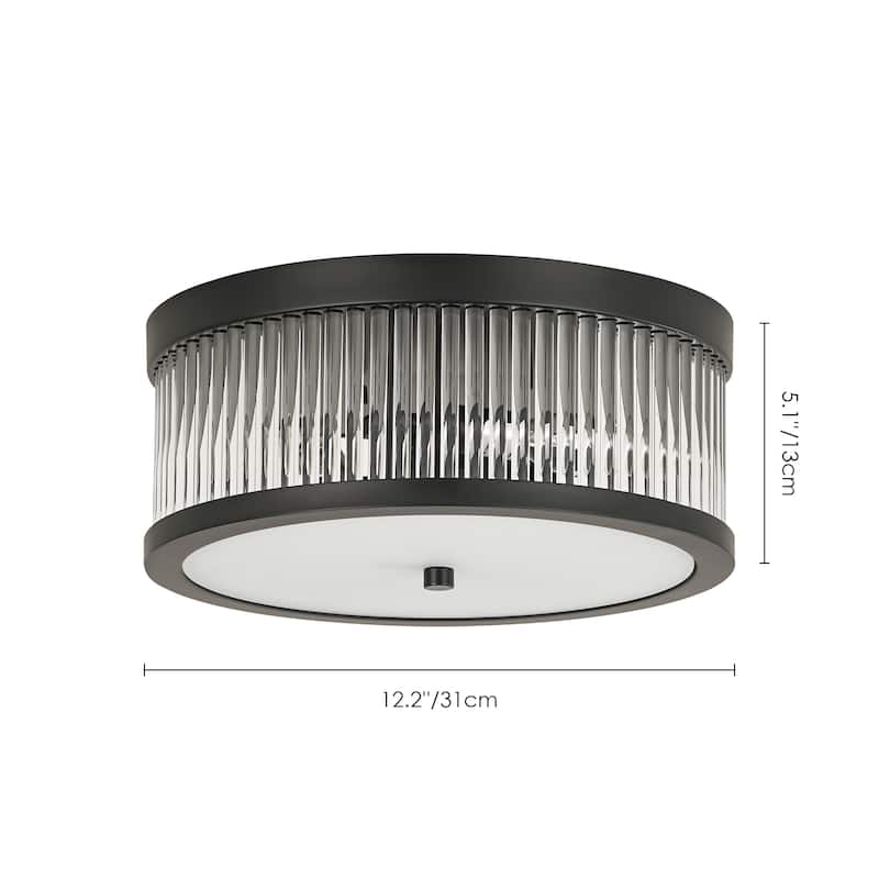 12.20 in. 3-Light Modern Industrial Round Drum Flush Mount Ceiling Light with Clear Glass Rods