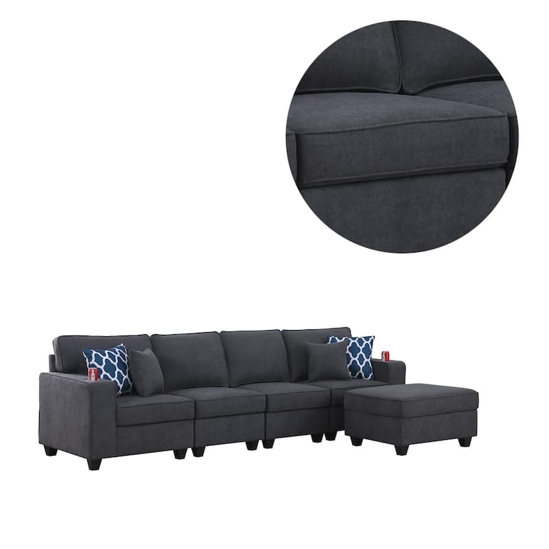Woven Upholstered 4-Seater Sofa with Ottoman in Stone Gray