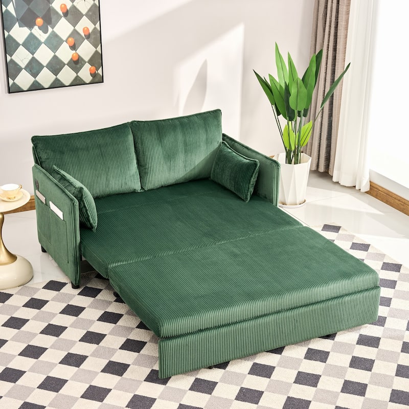 Roomfitters 55" Modern Corduroy Sofa Bed with Pull-out Sleeper Design, Modular Daybed with Storage Pocket & Pillows
