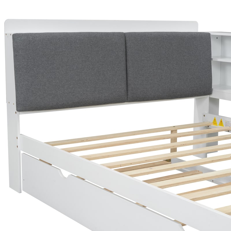 Roomfitters Full Wood Platform Bed with Trundle, Storage Headboard and Functional Display Shelves