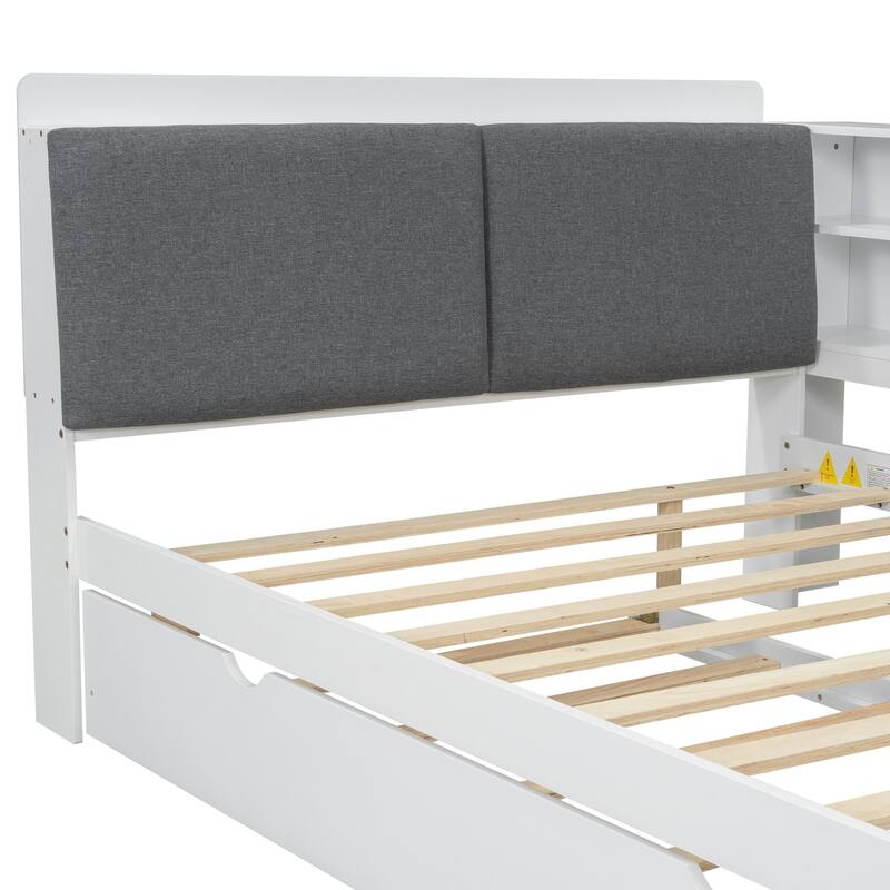 Wood Full Size Platform Bed with Trundle Storage Headboard and Shelves in Pine Wood