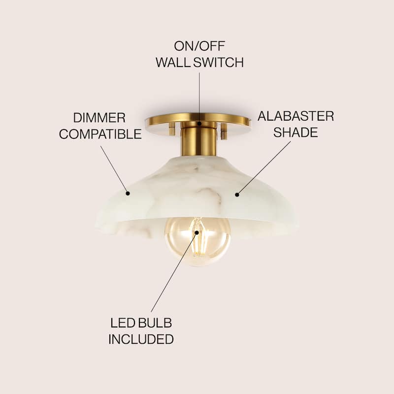 Aubrey 10" 1-Light Mid-Century Classic Alabaster/Iron LED Semi Flush Mount, White/Brass Gold, by JONATHAN Y