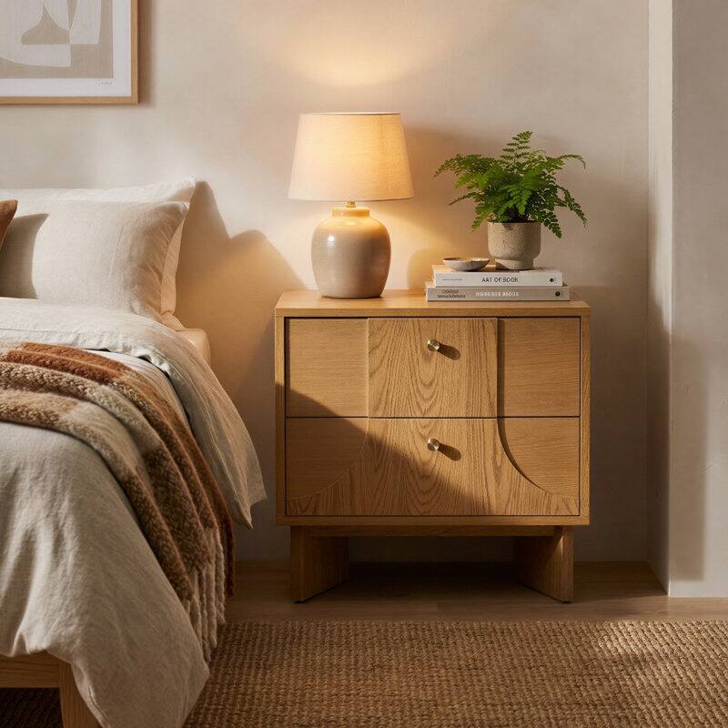 Studio London Zahra Japandi Nightstand Oak Bedside Table with Brass Handles