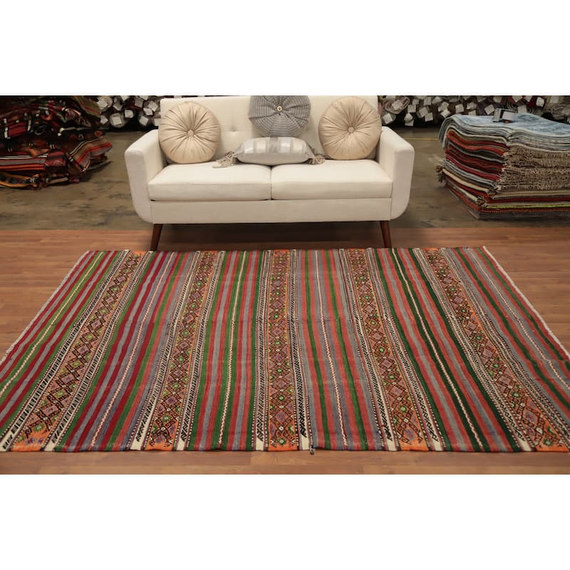 Hand Woven Oriental 100% Wool Carpet Southwestern Tribal Multi-Colored Kilim Area Rug - 7' 10'' X 5' 10''