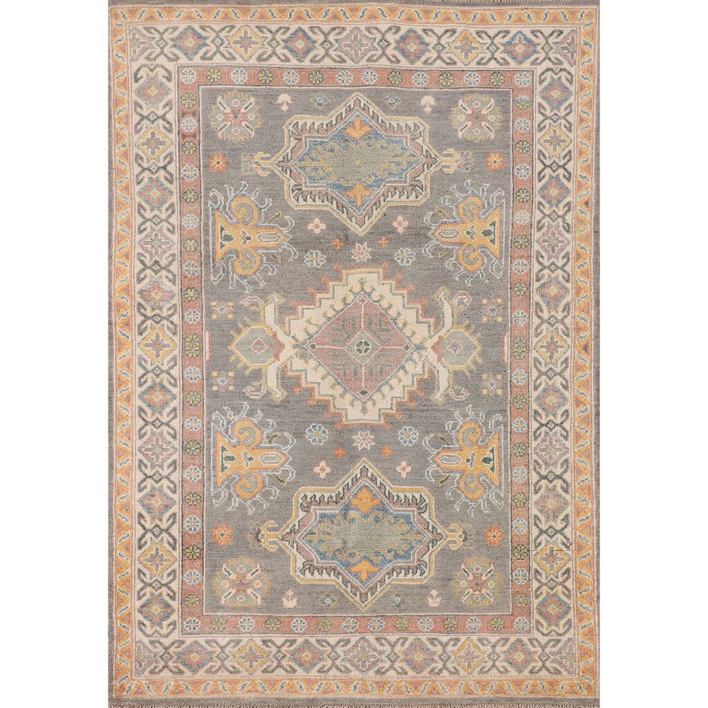 Geometric Grey Kazak Oriental Rug Bedroom Hand-Knotted Wool Carpet - 4'0"x 5'10"