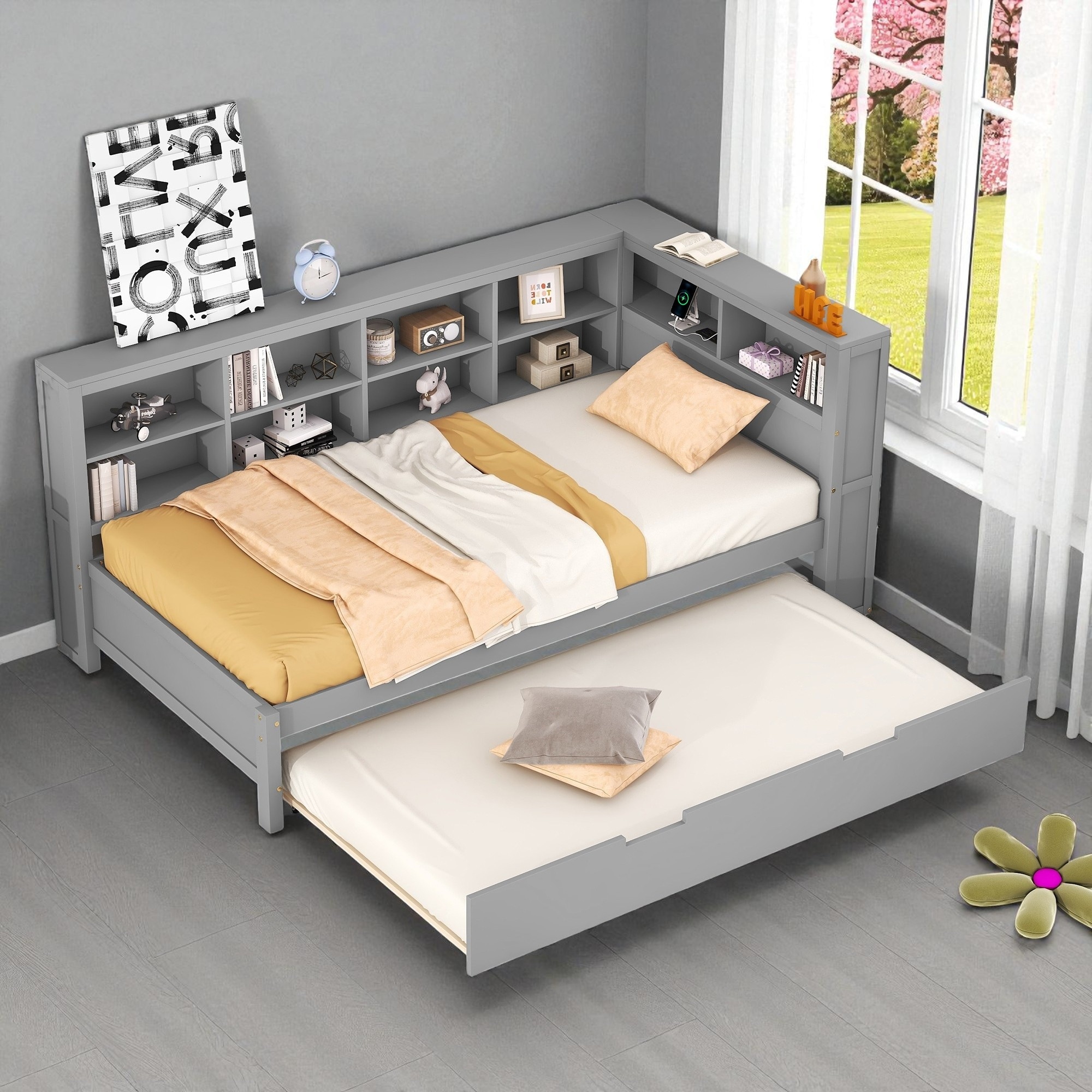 Wooden Full/Twin Size Daybed with Trundle, Storage Shelves & USB Charging Ports, Space-Saving Platform Bed for Bedroom