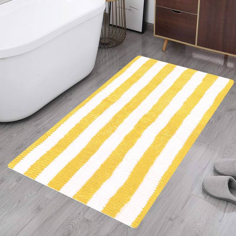 47"x27" - Yellow White Stripe Soft Cozy Plush Chenille Bath Mat Bathroom Rug - 47" x 27" - Yellow & White