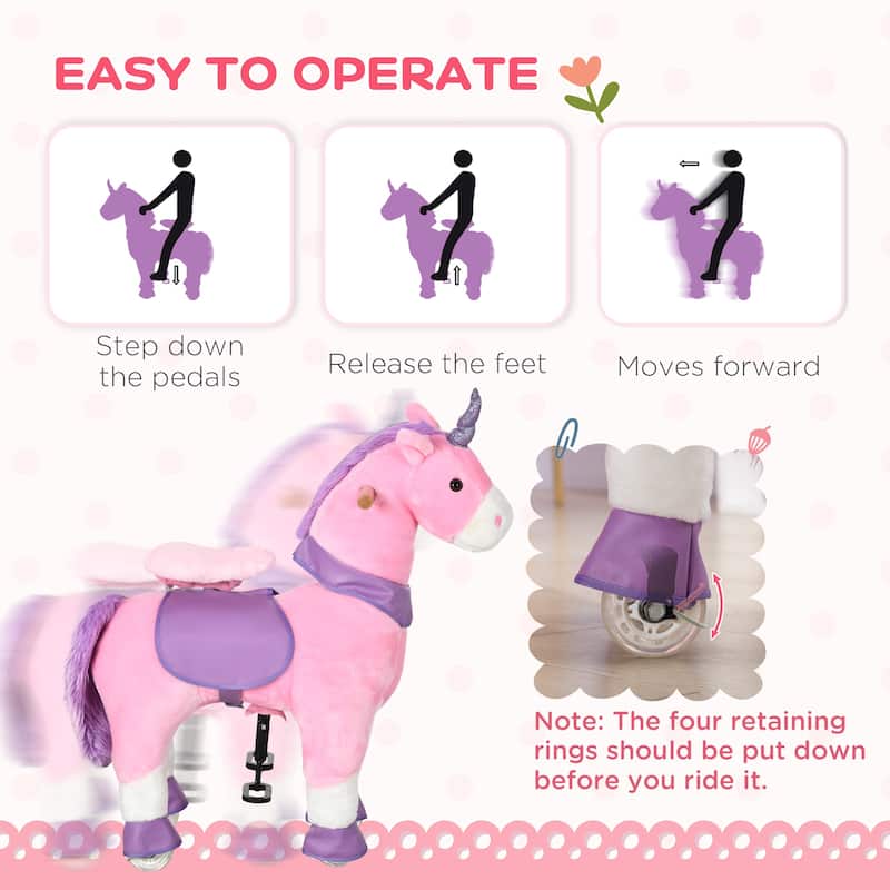 Pink Plush Steel Ride-On Unicorn with Pedal Motion and Smooth Wheels - 27.5" L x 12.5" W x 34.25" H