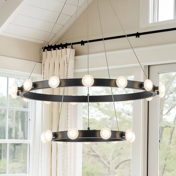 slide 2 of 10, Rezz Black LED Wagon Wheel Two-Tier Round Large Chandelier - 33.86 in. W x 42.52 in. H x 33.86 in. D 33.86 in. W x 42.52 in. H x 33.86 in. D - Black