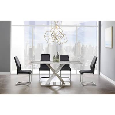 HomeRoots 71" White Marble And Silver Rectangular Marble And Stainless Steel Dining Table