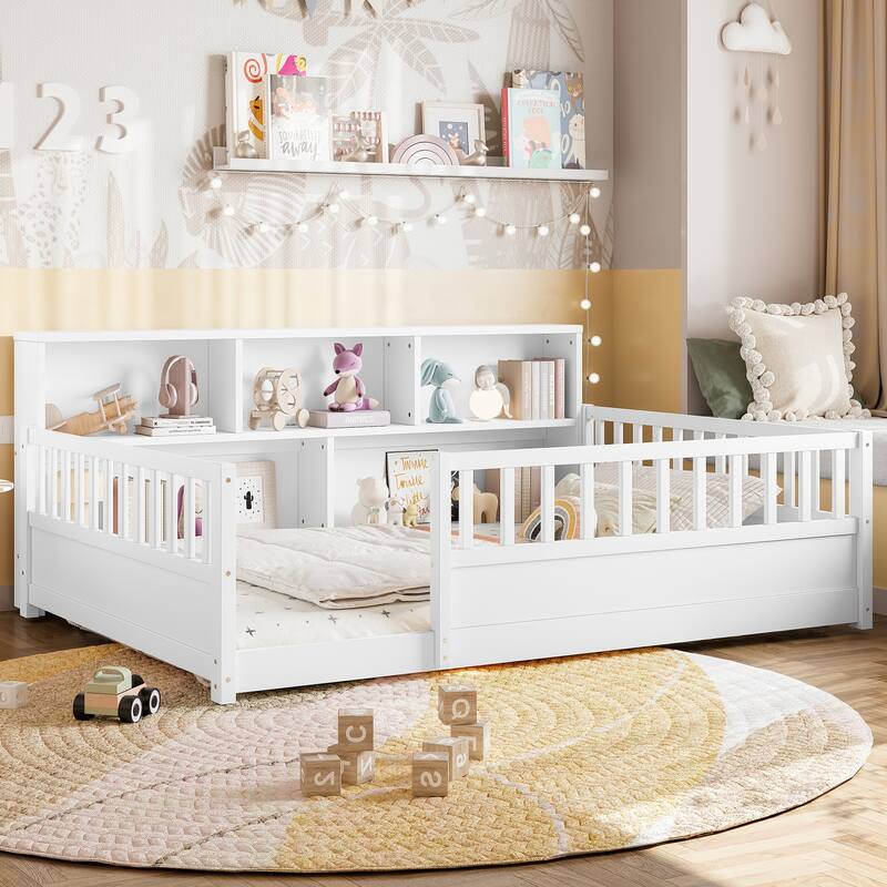 Wooden Floor Bed Frame with Fence Guardrail & Side Storage, Low Profile Kids Bed (Full/Twin)