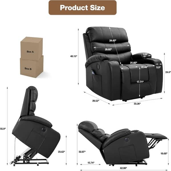 dimension image slide 1 of 7, EROMMY Oversized Power Lift Recliner with Massage & Heat – PU Leather Chair with Pockets, Cup Holders & USB Port