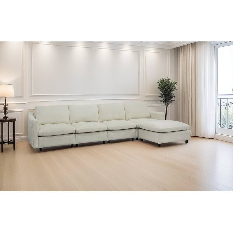 4-Seater Modern Beige Fabric Modular Sofa with Ottoman, Armrest Pockets and 4 Pillows