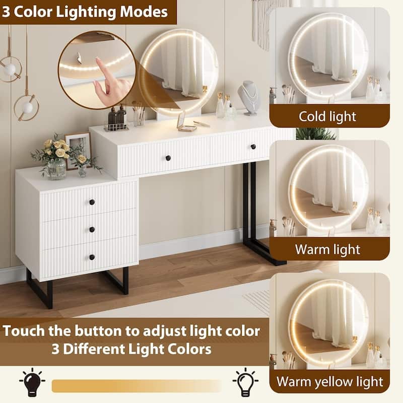 Vanity Desk with Mirror and Lights,Makeup Vanity with 5 Drawers, Modern Makeup Vanity Organizer with 3 Color Lights