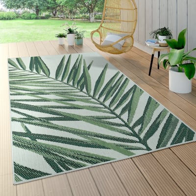 Outdoor Rug Green Beige with Palm Leaf Pattern for Patio Flat Weave