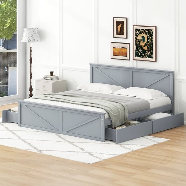 slide 2 of 13, King Wooden Platform Bed with Headboard and Four Pull-Out Storage Drawers, Sturdy Frame with Slats and Center Support Legs