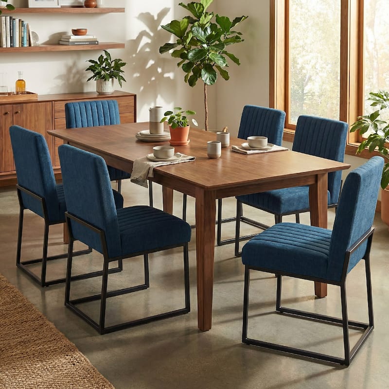 Mid Century Modern Dining Chair with Black Metal Legs - Set of 6 - Dark Blue