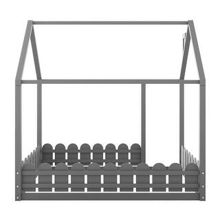 Full Size Wood Bed House Bed Frame with Fence, for Kids, Teens, Girls, Boys,White