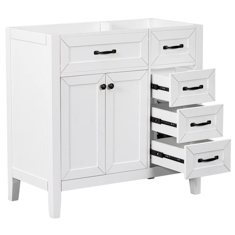 36" Modern White Bathroom Vanity Cabinet Base, 2 Doors & 3 Drawers, Solid Rubber Wood & MDF - 35.5in L Solid Wood+MDF - 35.5in L White