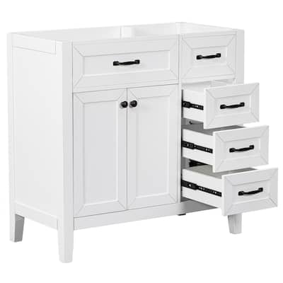 36" Modern White Bathroom Vanity Cabinet Base, 2 Doors & 3 Drawers, Solid Rubber Wood & MDF