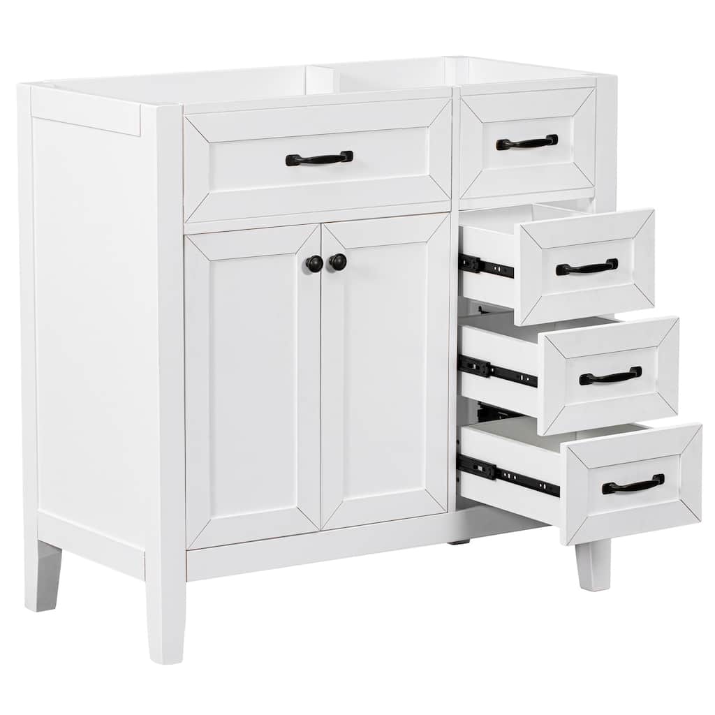 36" Modern White Bathroom Vanity Cabinet Base, 2 Doors & 3 Drawers, Solid Rubber Wood & MDF