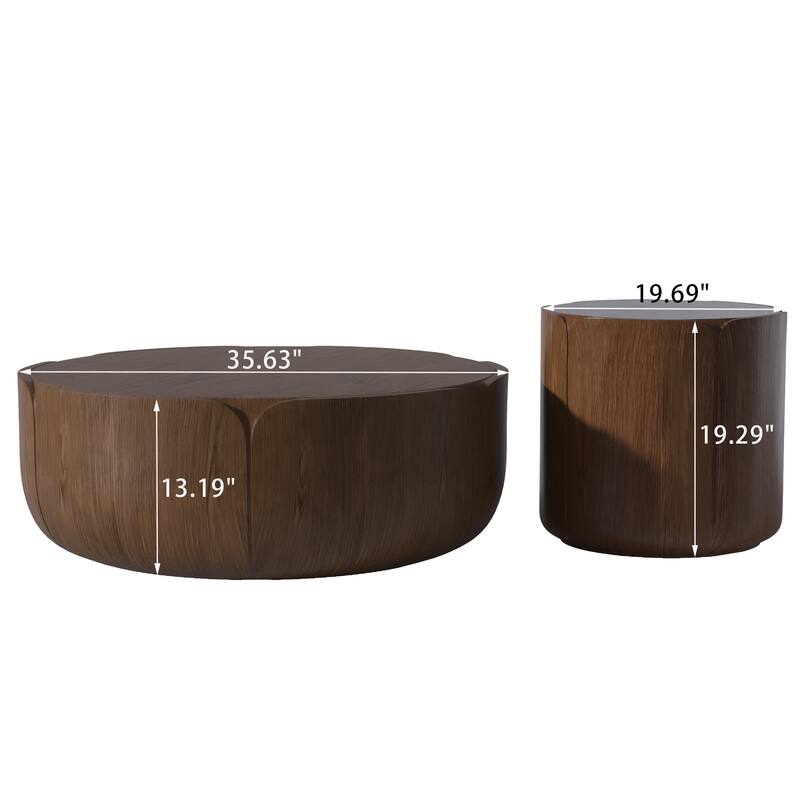 Round Outdoor/Indoor Coffee Table Set, Modern Wood Grain Drum Center Tables