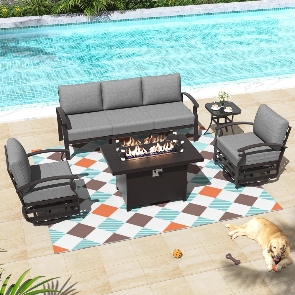 Aluminum Patio Outdoor Sectional Sofa Set with Fire Pit, Swivel Rocking Chairs and Ottomans
