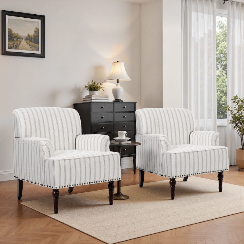Set 2 Striped Upholstered Linen Armchair with Brass Nailhead Trim - Grey - PINSTRIPED