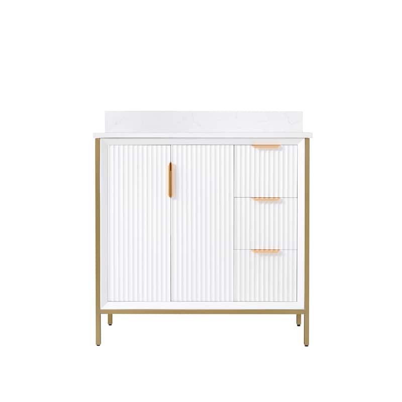 35''H Solid Wood Bathroom Vanity With Carrera White Quartz Top and Sink,White
