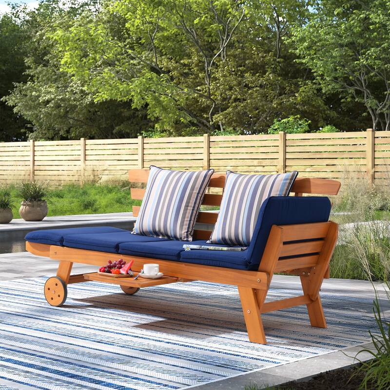 Outdoor Daybed Wooden Folding Lounge Chair with Front Tray and Wheels