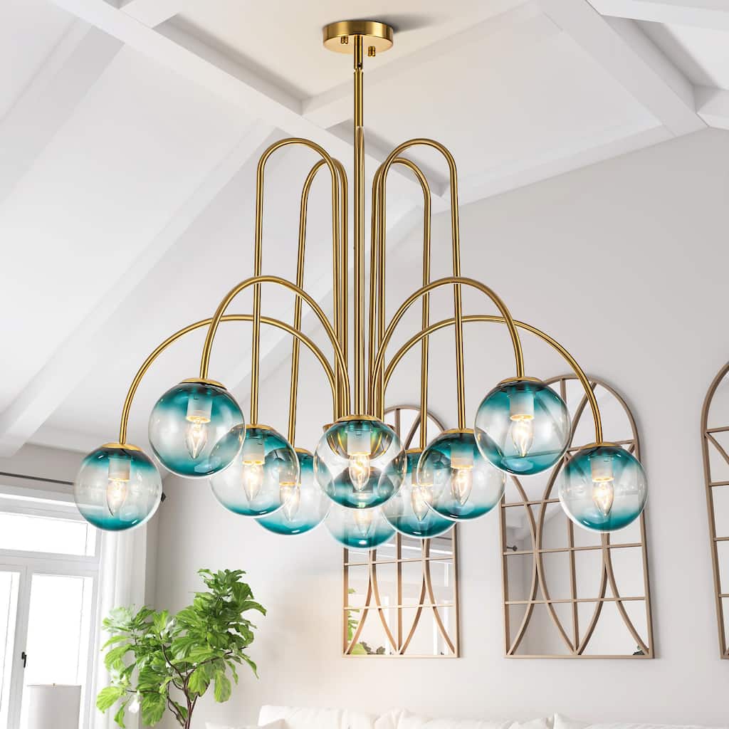 10-Light Modern Glam Sputnik Gradient Blue Glass Globe Bubble Chandelier for Living/Dining Room - 38.5 in. W x 22.8 in. H