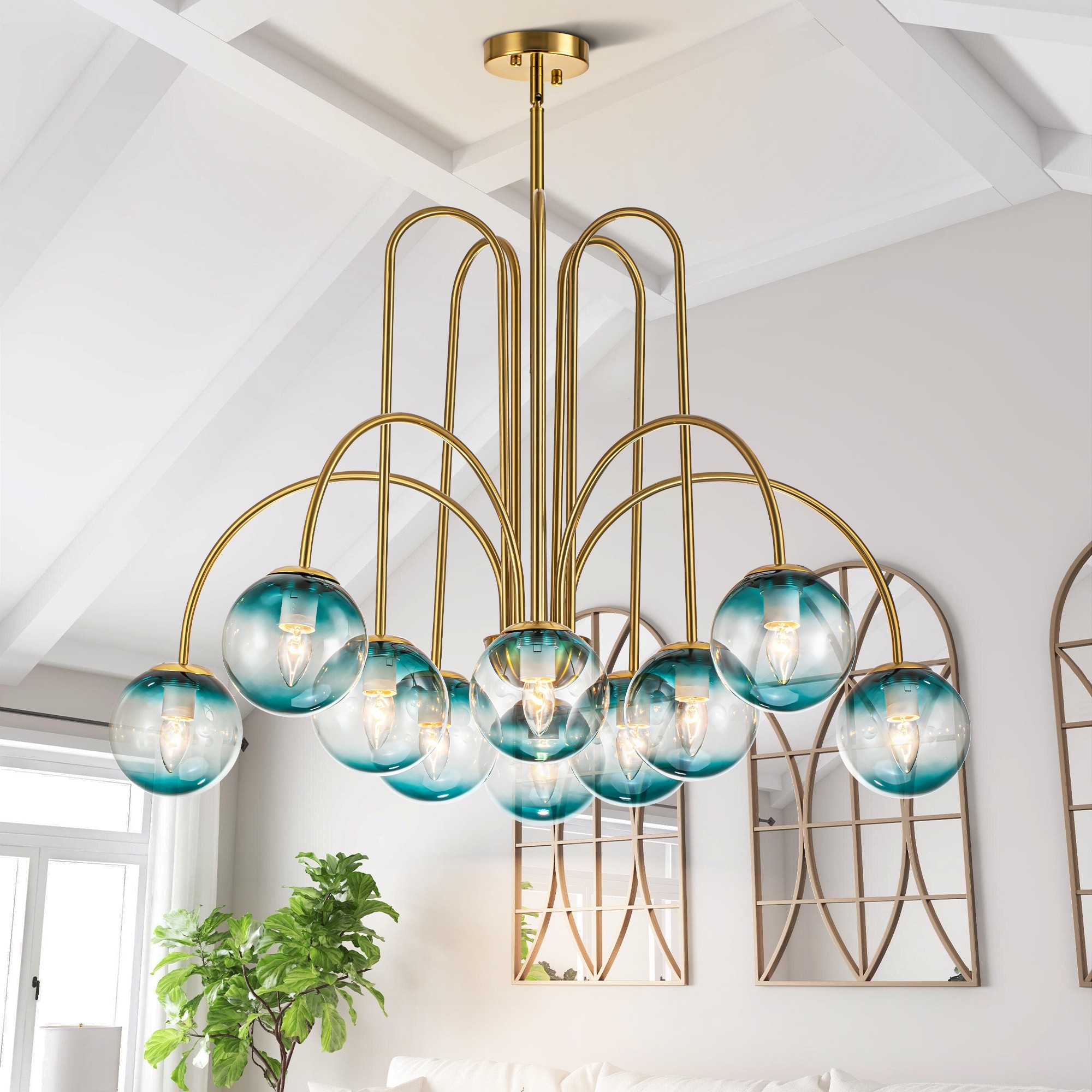 Rennnsan 10-Light Modern Glam Sputnik Gradient Blue Glass Globe Bubble Chandelier for Living/Dining Room