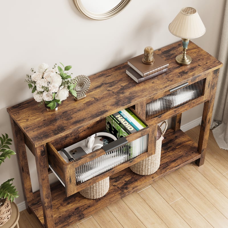 Entryway Table, Wood Console Table with 2 Glass Drawers