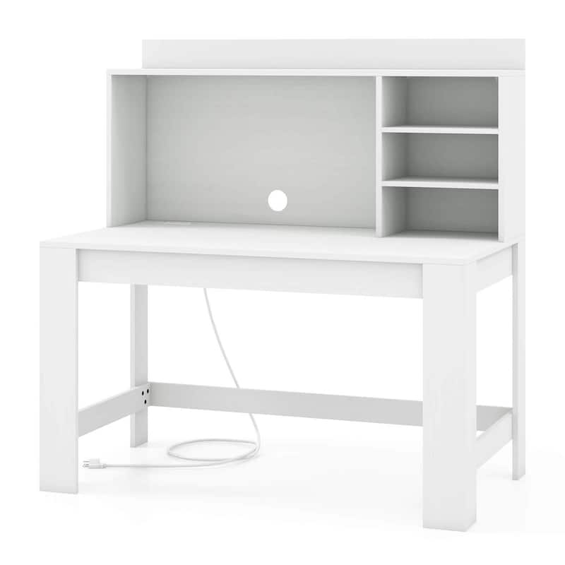 Modern Home Office Desk Computer Desk w/ Hutch & Power Outlets - White