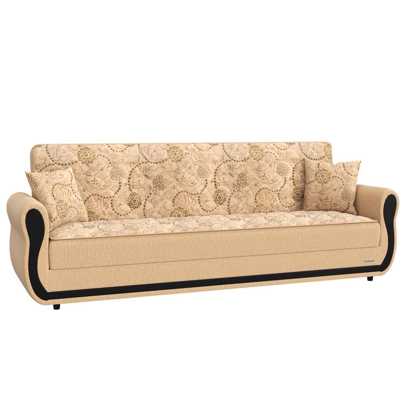 HomeRoots 90" Beige Chenille Convertible Futon Sleeper Sofa And Toss Pillows With Storage