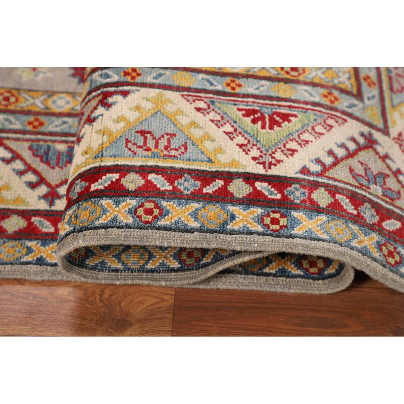 Grey Geometric Kazak Oriental Area Rug Hand-Knotted Wool Carpet - 5'1" x 6'7"