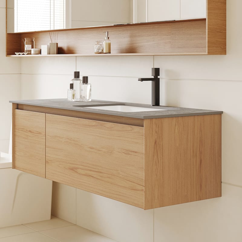 47.24 Single Bathroom Vanity, Modern, Gray Stone Stop, Light Solid Wood