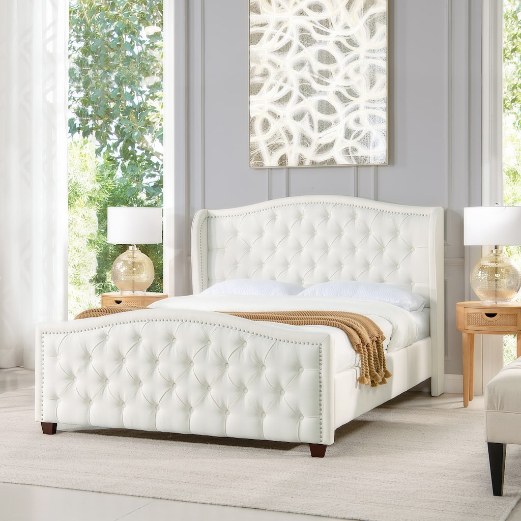 Queen Platform Bed Frame with Wingback Headboard in Antique White