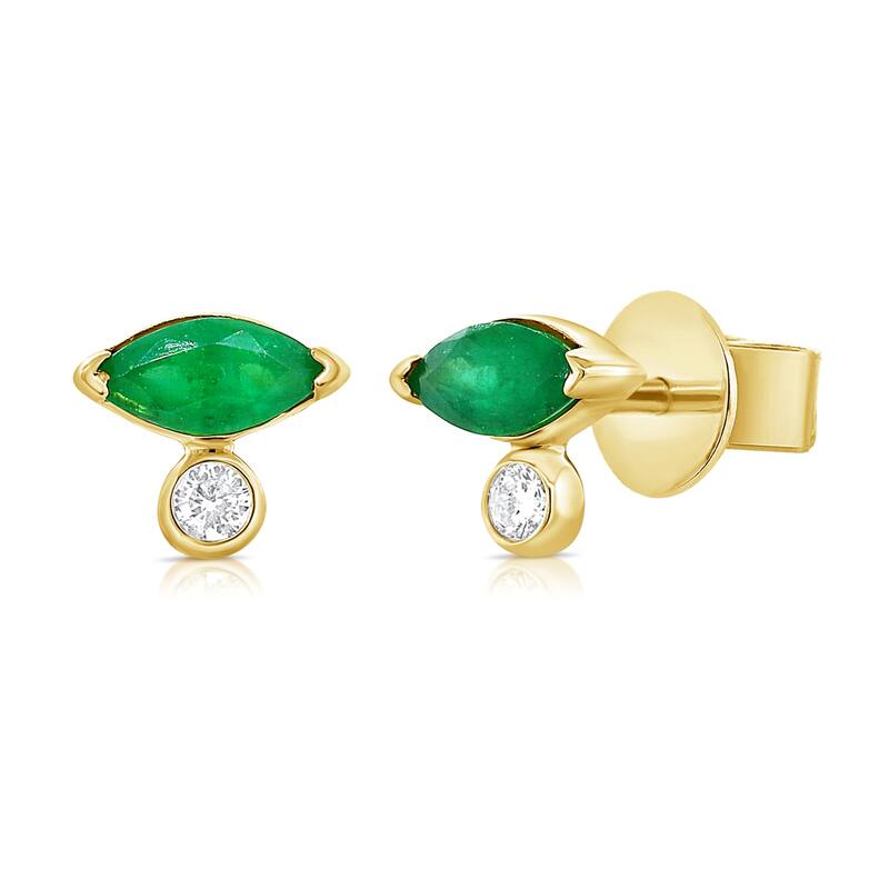 Joelle Collection Emerald Marquis Shape & Diamond Stud Earrings 14K Gold