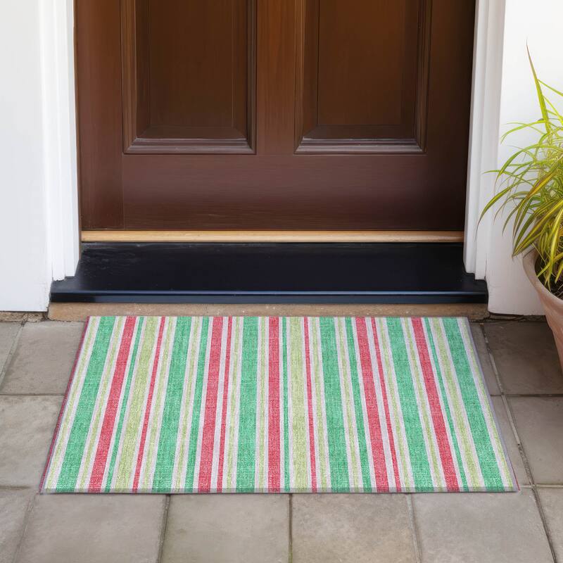 Machine Washable Indoor/ Outdoor Multi Cabana Stripe Chantille Rug - Green - 1'8" x 2'6"