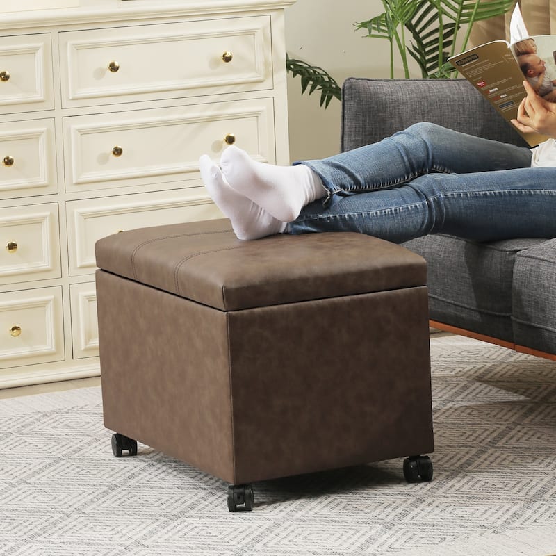 Adeco Faux Leather Storage Ottoman for Living Room Footstool