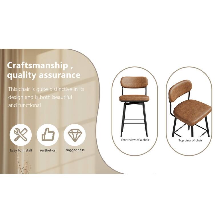 Bar Chairs Set of 2 Piece Set, 360 ° Swivel Bar Chair with Leather Cushions and Iron Brackets Counter Height Bar Chairs