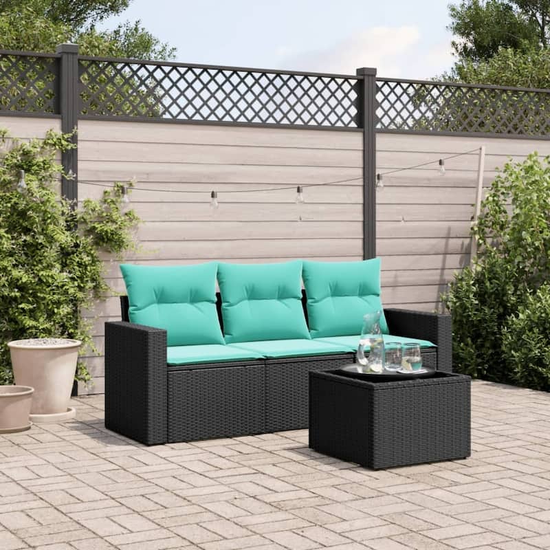 vidaXL 4 Piece Patio Sofa Set with Cushions Black Poly Rattan - 21.7" x 24.4" x 27.2" - Black and blue