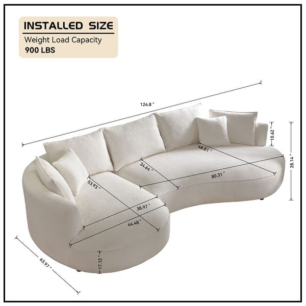 dimension image slide 1 of 5, Contempory Curved L-Shaped Sectional Sofa with Chaise – Extra Wide White Upholstered Luxury Lounge